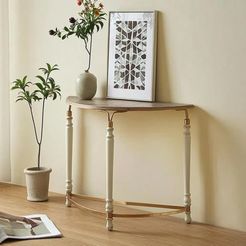 Mesa de console composta, semicircular, com design que se ajusta à parede, de madeira que economiza espaço, pés torneados refinados, estrutura curva, A2388-Branco Vintage - Imagem 5