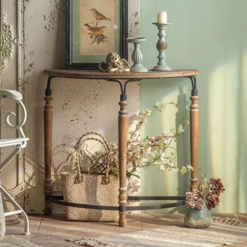 Mesa de console composta, semicircular, com design que se ajusta à parede, de madeira que economiza espaço, pés torneados refinados, estrutura curva, A2388-Branco Vintage - Imagem 6
