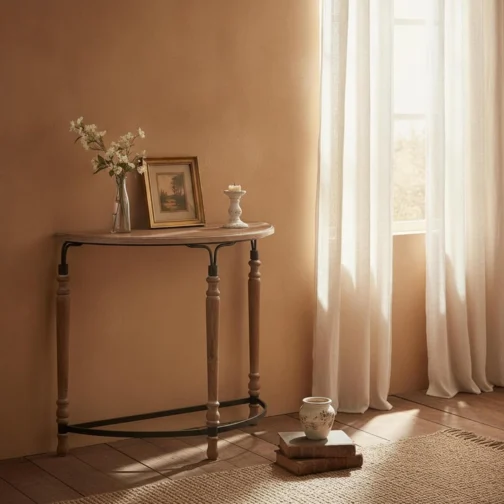 Mesa de console composta, semicircular, com design que se ajusta à parede, de madeira que economiza espaço, pés torneados refinados, estrutura curva, A2388-Branco Vintage - Imagem 7