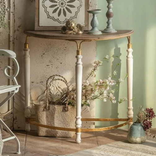 Mesa de console composta, semicircular, com design que se ajusta à parede, de madeira que economiza espaço, pés torneados refinados, estrutura curva, A2388-Branco Vintage - Imagem 8