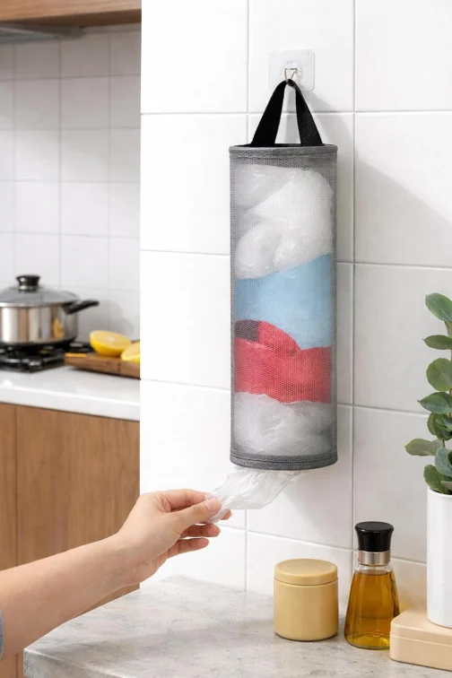 Puxa Saco Organizador Porta Sacolas Plásticas de Cozinha Acessório Prático e Sustentável para Armazenamento Eficiente (Cinza) - Imagem 3