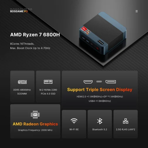 BOSGAME P3 Lite Gaming Mini PC with AMD Ryzen 7 6800H, 32GB DDR5 RAM 1TB PCIe 4.0 NVMe SSD, Radeon 680M iGPU, Dual 2.5G LAN Win 11 Pro Desktop Computer with USB4/8K UHD/Wi-Fi 6E/BT 5.2 - Imagem 3