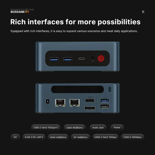 BOSGAME P3 Lite Gaming Mini PC with AMD Ryzen 7 6800H, 32GB DDR5 RAM 1TB PCIe 4.0 NVMe SSD, Radeon 680M iGPU, Dual 2.5G LAN Win 11 Pro Desktop Computer with USB4/8K UHD/Wi-Fi 6E/BT 5.2 - Imagem 5