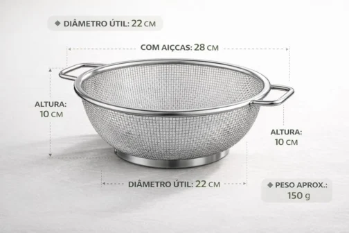 Escorredor de Alimentos Inox 22cm com Alças Laterais | Peneira Multiuso para Massas, Verduras, Legumes e Cozinha Profissional - Imagem 4