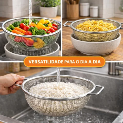 Escorredor de Alimentos Inox 22cm com Alças Laterais | Peneira Multiuso para Massas, Verduras, Legumes e Cozinha Profissional - Imagem 5