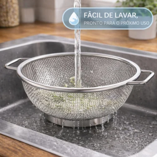 Escorredor de Alimentos Inox 22cm com Alças Laterais | Peneira Multiuso para Massas, Verduras, Legumes e Cozinha Profissional - Imagem 7