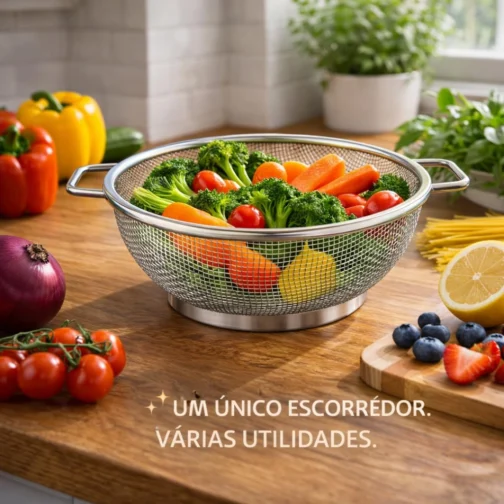 Escorredor de Alimentos Inox 22cm com Alças Laterais | Peneira Multiuso para Massas, Verduras, Legumes e Cozinha Profissional - Imagem 8