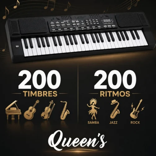 Teclado Musical Eletrônico Queen's 54 Teclas com Microfone, 200 Timbres, 200 Ritmos, Gravação, Modos Learn, Display LED, Iniciantes e Intermediários - Imagem 3
