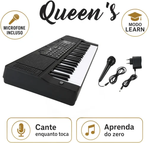 Teclado Musical Eletrônico Queen's 54 Teclas com Microfone, 200 Timbres, 200 Ritmos, Gravação, Modos Learn, Display LED, Iniciantes e Intermediários - Imagem 4