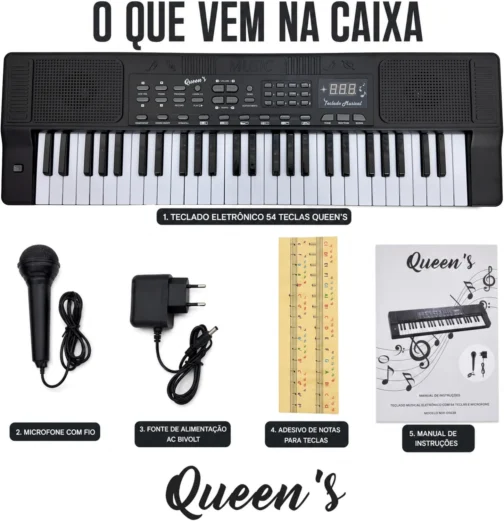 Teclado Musical Eletrônico Queen's 54 Teclas com Microfone, 200 Timbres, 200 Ritmos, Gravação, Modos Learn, Display LED, Iniciantes e Intermediários - Imagem 6