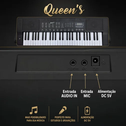 Teclado Musical Eletrônico Queen's 54 Teclas com Microfone, 200 Timbres, 200 Ritmos, Gravação, Modos Learn, Display LED, Iniciantes e Intermediários - Imagem 7