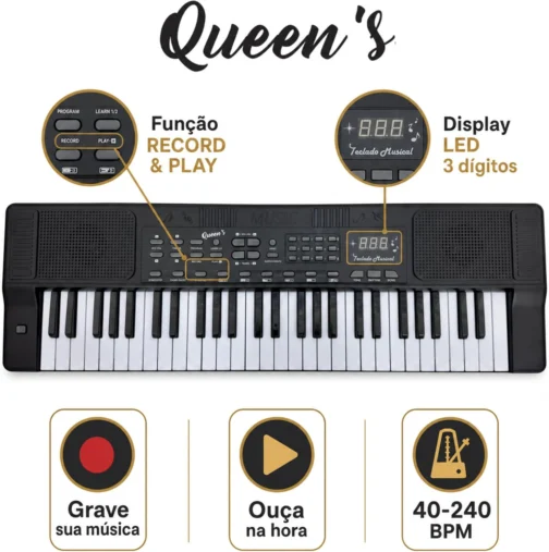 Teclado Musical Eletrônico Queen's 54 Teclas com Microfone, 200 Timbres, 200 Ritmos, Gravação, Modos Learn, Display LED, Iniciantes e Intermediários - Imagem 8