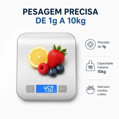 Balança Digital de Cozinha Premium 10kg x 1g em Aço Inox | Pesagem de Alta Precisão, Display LCD HD, Resistente à Água, Base Antiderrapante, Design Moderno, Ideal para Receitas, Dietas e Alimentos - Imagem 3