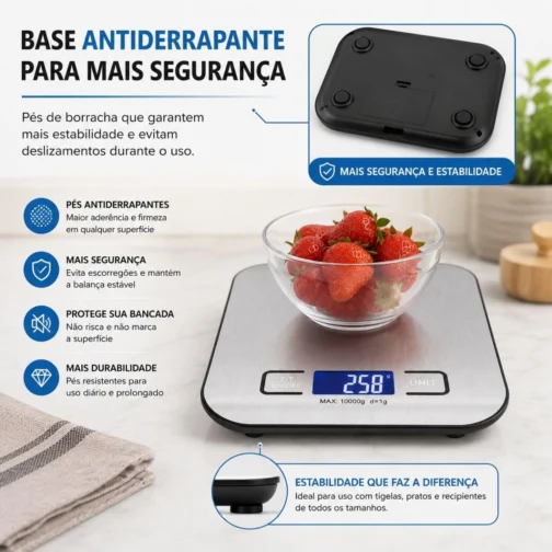 Balança Digital de Cozinha Premium 10kg x 1g em Aço Inox | Pesagem de Alta Precisão, Display LCD HD, Resistente à Água, Base Antiderrapante, Design Moderno, Ideal para Receitas, Dietas e Alimentos - Imagem 4