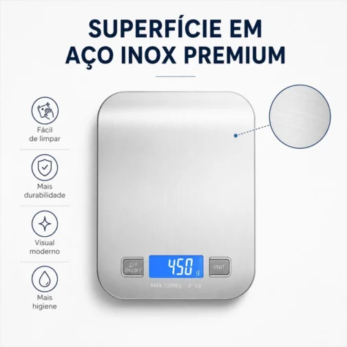 Balança Digital de Cozinha Premium 10kg x 1g em Aço Inox | Pesagem de Alta Precisão, Display LCD HD, Resistente à Água, Base Antiderrapante, Design Moderno, Ideal para Receitas, Dietas e Alimentos - Imagem 5