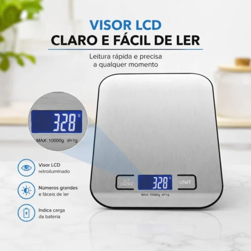 Balança Digital de Cozinha Premium 10kg x 1g em Aço Inox | Pesagem de Alta Precisão, Display LCD HD, Resistente à Água, Base Antiderrapante, Design Moderno, Ideal para Receitas, Dietas e Alimentos - Imagem 6