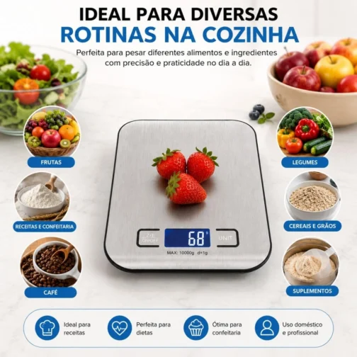 Balança Digital de Cozinha Premium 10kg x 1g em Aço Inox | Pesagem de Alta Precisão, Display LCD HD, Resistente à Água, Base Antiderrapante, Design Moderno, Ideal para Receitas, Dietas e Alimentos - Imagem 7