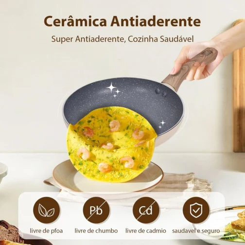 Jogo de Panelas Indução Cerâmica Antiaderente 8 Peças, Adequado para Fogão a Indução, Gás, Elétrico e Vitrocerâmico, Durável Lindas e Qualidade, Cinza-Bege - Imagem 4