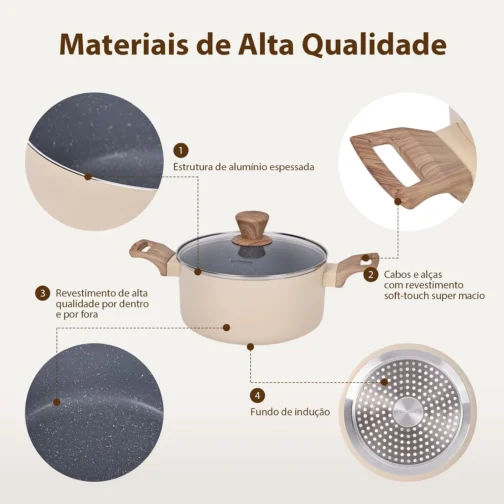 Jogo de Panelas Indução Cerâmica Antiaderente 8 Peças, Adequado para Fogão a Indução, Gás, Elétrico e Vitrocerâmico, Durável Lindas e Qualidade, Cinza-Bege - Imagem 5
