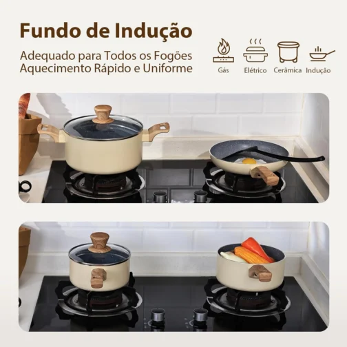 Jogo de Panelas Indução Cerâmica Antiaderente 8 Peças, Adequado para Fogão a Indução, Gás, Elétrico e Vitrocerâmico, Durável Lindas e Qualidade, Cinza-Bege - Imagem 6
