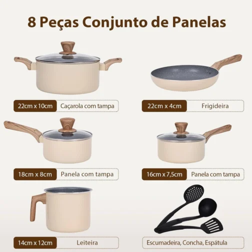 Jogo de Panelas Indução Cerâmica Antiaderente 8 Peças, Adequado para Fogão a Indução, Gás, Elétrico e Vitrocerâmico, Durável Lindas e Qualidade, Cinza-Bege - Imagem 7