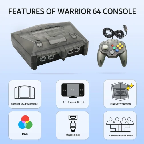 N64 Console - Newly Design Looking for N64 with HD Output (Native RGB Signal), 100% Better Video Quality, Plug & Play - Compatible with All US/JP Cartridges, Including 1 Warrior 64 Controlle (Black) - Imagem 3