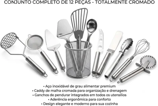 Kit Utensílios de Cozinha Inox 12 Peças Completo - Imagem 3