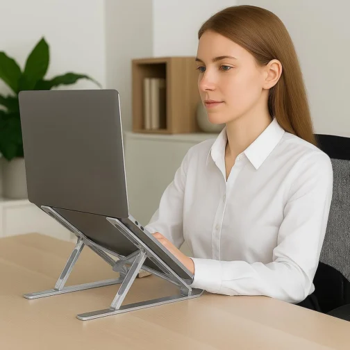 Suporte para Notebook e Tablet Linha Premium em Alumínio Dobrável e Ergonômico Para Desktop Portátil Ajustável em 6 Ângulos com Altura Regulável Leve Apoio Universal - Com estojo para armazenagem - Imagem 3