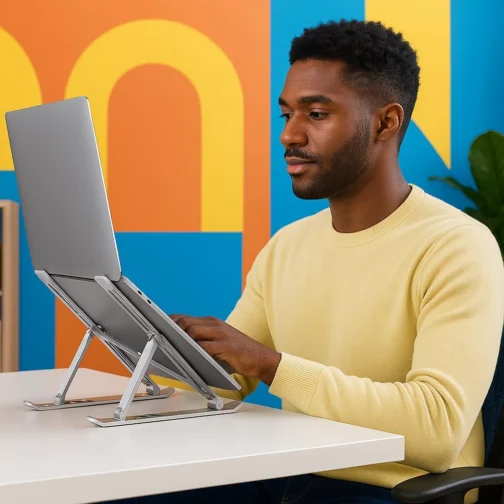 Suporte para Notebook e Tablet Linha Premium em Alumínio Dobrável e Ergonômico Para Desktop Portátil Ajustável em 6 Ângulos com Altura Regulável Leve Apoio Universal - Com estojo para armazenagem - Imagem 5