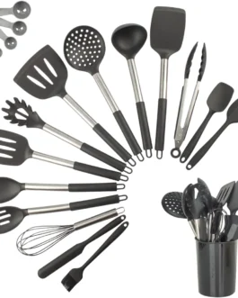 Kit 15 Utensílios De Cozinha Com Cabo De Inox e Silicone Premium (Preto)
