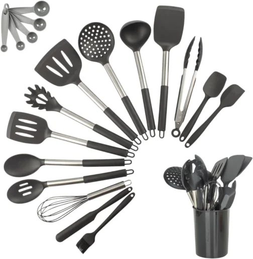 Kit 15 Utensílios De Cozinha Com Cabo De Inox e Silicone Premium (Preto) - Imagem 2