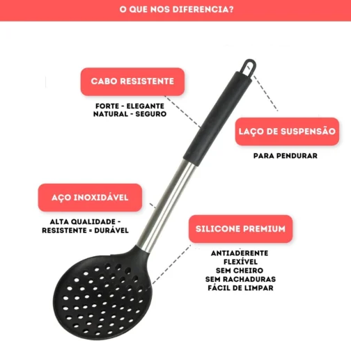 Kit 15 Utensílios De Cozinha Com Cabo De Inox e Silicone Premium (Preto) - Imagem 3