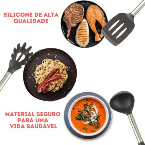 Kit 15 Utensílios De Cozinha Com Cabo De Inox e Silicone Premium (Preto) - Imagem 5