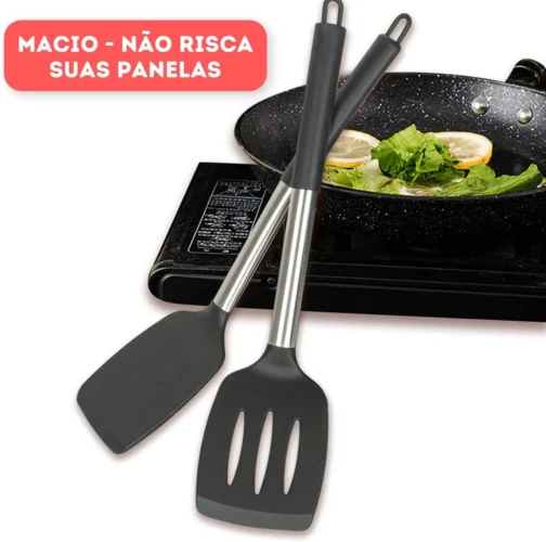 Kit 15 Utensílios De Cozinha Com Cabo De Inox e Silicone Premium (Preto) - Imagem 6
