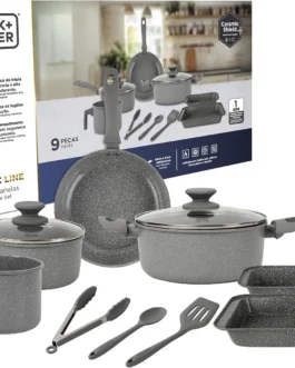 BLACK+DECKER JOGO DE PANELAS 9 PEÇAS CERAMIC LINE – CORPO COM REVESTIMENTO CERÂMICO ANTIADERENTE COM ACABAMENTO MARMORIZADO GREY MARBLE, BASE COMPATÍVEL COM INDUÇÃO