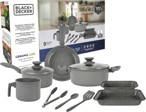 BLACK+DECKER JOGO DE PANELAS 9 PEÇAS CERAMIC LINE - CORPO COM REVESTIMENTO CERÂMICO ANTIADERENTE COM ACABAMENTO MARMORIZADO GREY MARBLE, BASE COMPATÍVEL COM INDUÇÃO - Imagem 2
