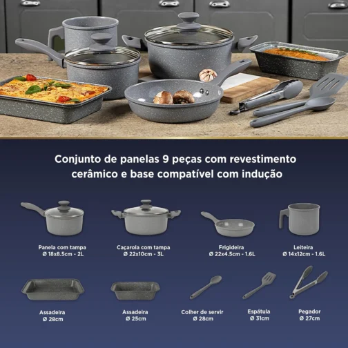 BLACK+DECKER JOGO DE PANELAS 9 PEÇAS CERAMIC LINE - CORPO COM REVESTIMENTO CERÂMICO ANTIADERENTE COM ACABAMENTO MARMORIZADO GREY MARBLE, BASE COMPATÍVEL COM INDUÇÃO - Imagem 5
