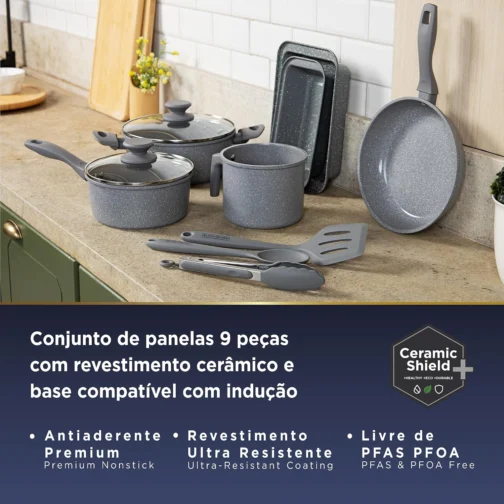 BLACK+DECKER JOGO DE PANELAS 9 PEÇAS CERAMIC LINE - CORPO COM REVESTIMENTO CERÂMICO ANTIADERENTE COM ACABAMENTO MARMORIZADO GREY MARBLE, BASE COMPATÍVEL COM INDUÇÃO - Imagem 6