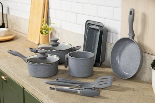 BLACK+DECKER JOGO DE PANELAS 9 PEÇAS CERAMIC LINE - CORPO COM REVESTIMENTO CERÂMICO ANTIADERENTE COM ACABAMENTO MARMORIZADO GREY MARBLE, BASE COMPATÍVEL COM INDUÇÃO - Imagem 11