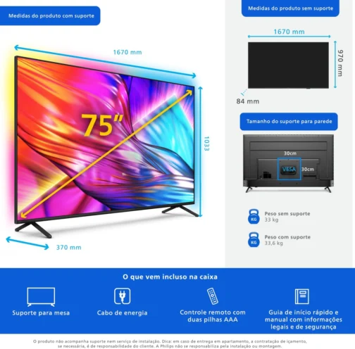 PHILIPS, Smart TV, Ambilight THE ONE 75" 4K 144 Hz, Titan OS, 75PUG8929/78, P5, DTS Play-Fi, Freesync, Dolby Vision e Atmos, 50 WRMS 2.1 - Imagem 11