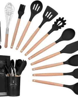 Kit Utensílios de Cozinha Silicone Cabo Madeira 12 Peças (Preto)