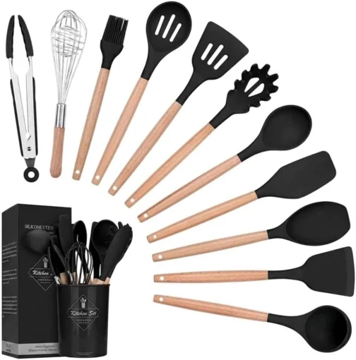 Kit Utensílios de Cozinha Silicone Cabo Madeira 12 Peças (Preto) - Imagem 2