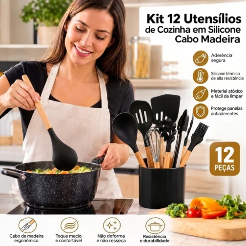 Kit Utensílios de Cozinha Silicone Cabo Madeira 12 Peças (Preto) - Imagem 3