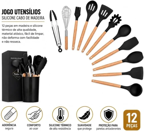 Kit Utensílios de Cozinha Silicone Cabo Madeira 12 Peças (Preto) - Imagem 4