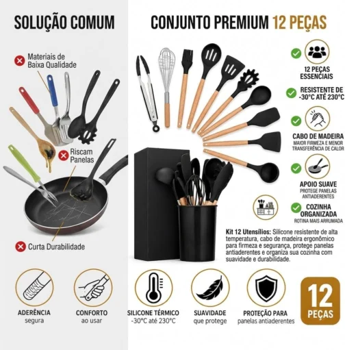 Kit Utensílios de Cozinha Silicone Cabo Madeira 12 Peças (Preto) - Imagem 6