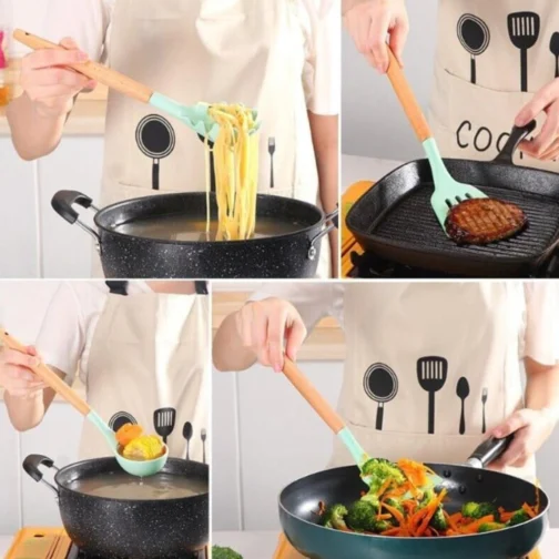 Kit Utensílios de Cozinha Silicone Cabo Madeira 12 Peças (Preto) - Imagem 7