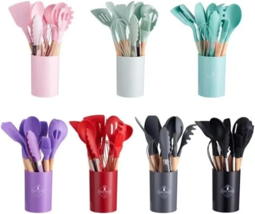 Kit Utensílios de Cozinha Silicone Cabo Madeira 12 Peças (Preto) - Imagem 8