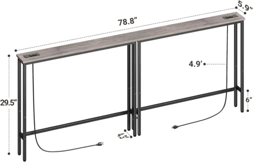 ELYKEN Pacote com 2 mesas de console estreito de 15 cm com tomadas, total de 200 cm de comprimento, mesa atrás do sofá com estação de carregamento e cabo de extensão de 149 cm para sala de estar, 15 - Imagem 4