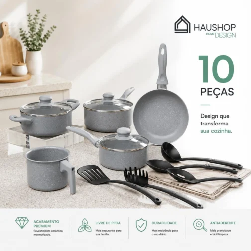 Jogo de Panelas Cerâmico Antiaderente 10 Peças Marmorizado Haushop (Cinza) - Imagem 3