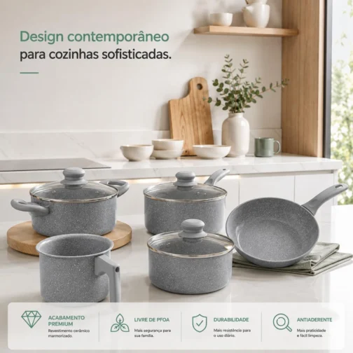 Jogo de Panelas Cerâmico Antiaderente 10 Peças Marmorizado Haushop (Cinza) - Imagem 4